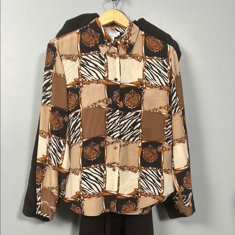 Vintage Silk Allison Taylor Equestrian Horse Animal Print Button-Up Shirt size M